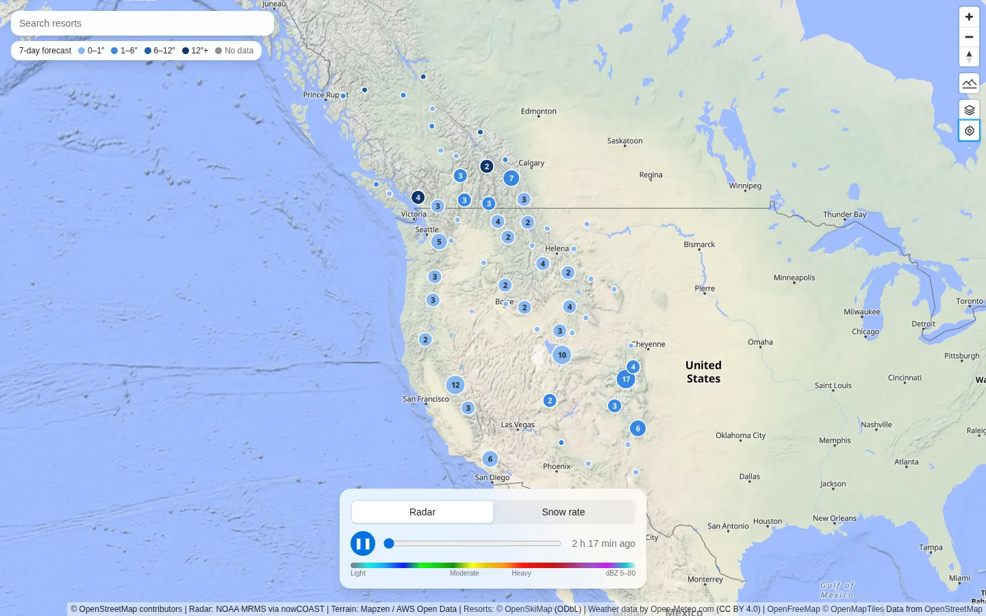 The Powder Howler map of the western US and Canada, with resort pins coloured by forecast snow and the radar panel.