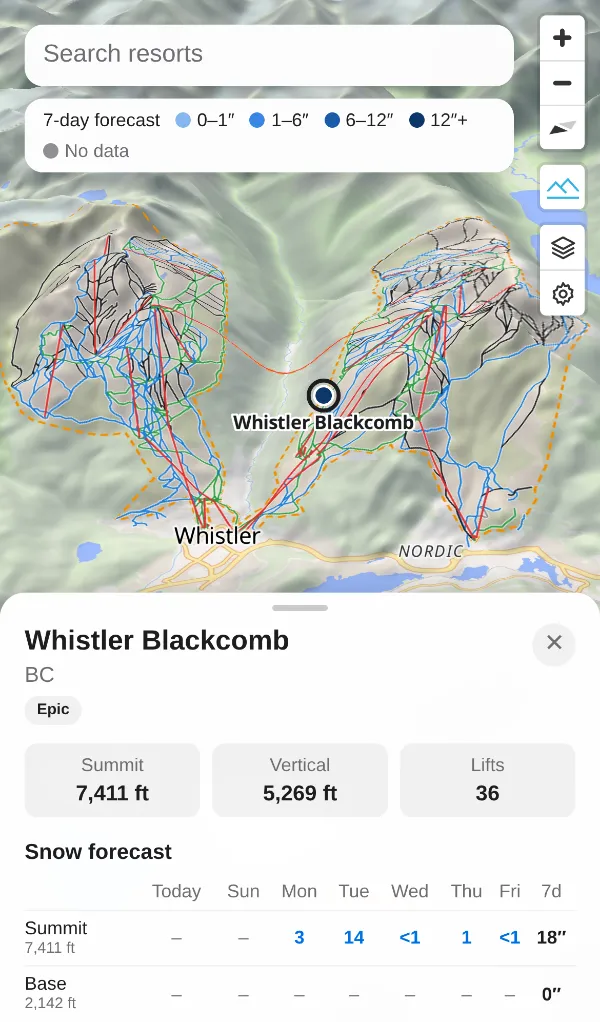 On a phone: Whistler Blackcomb in 3D with its lifts and runs, and a forecast of 18 inches at the summit over 7 days.