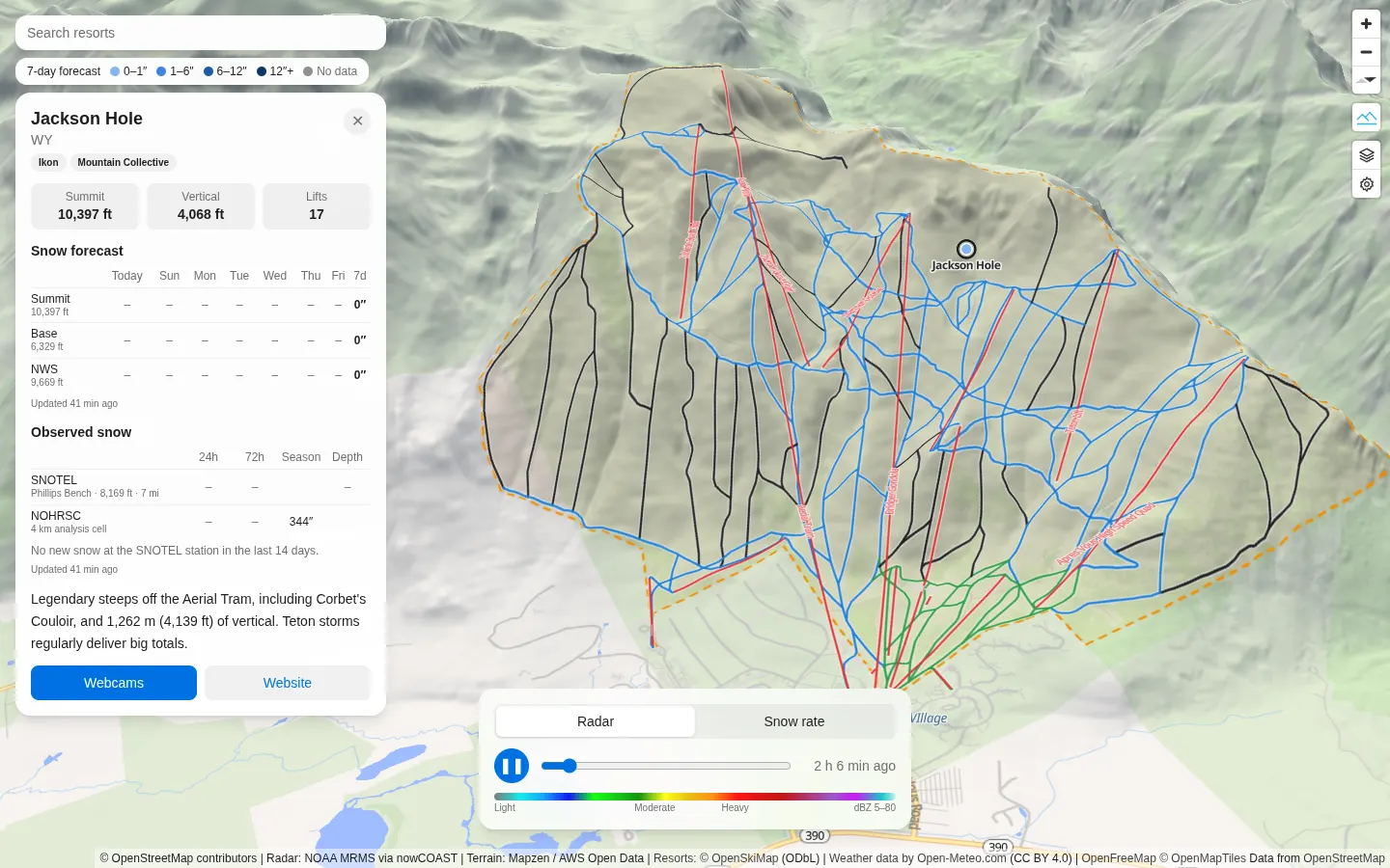 Jackson Hole in 3D from Teton Village, with its lifts and runs, next to its card: summit, vertical, lifts, the 7-day forecast and observed snow.